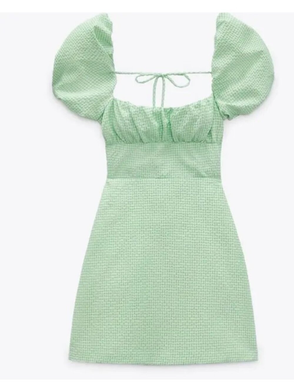 Zara Gingham Dress Size XS Mint Green Puff Sleeve Mini 100% Cotton Side Zipper - Picture 4 of 13